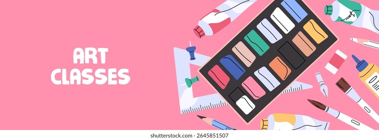 Advertising banner design of art class. Promotion template of drawing school, painting courses. Layout with paints, plasticine, kids stationery, creativity supplies, tools. Flat vector illustration