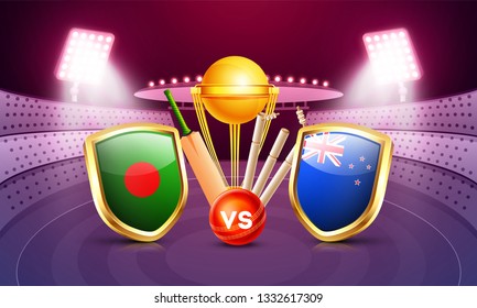 Advertising banner design with cricket tournament participant country Bangladesh vs New Zealand and cricket equipment illustration on night stadium view background.