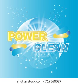 Advertising banner of detergent. Power Clean on light effect background. Flat vector illustration EPS 10
