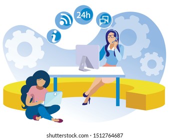 Advertising Banner Development Computer Skills. Minimum Education Requirement for Novice Call Center Operator. Working Space in Coworking Center. Girls are Sitting at Table and Floor with Laptops.