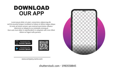 Advertising Banner For Downloading Mobile App. Download Our App For Mobile Phone. Mockup Smartphone With Empty Screen For Your App. Vector Illustration.