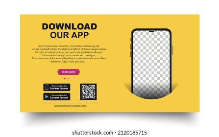 Advertising banner for downloading mobile app. Download our app for mobile phone. Mockup smartphone with empty screen for your app. Vector illustration.
