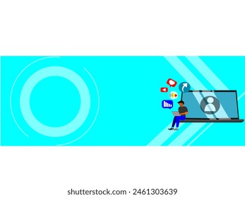 advertising banner for editing, vector data illustration of a person surfing the internet using a laptop.