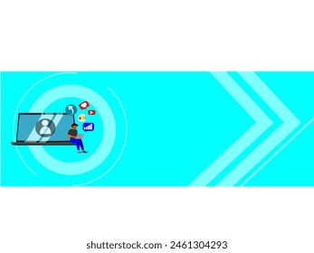 advertising banner for editing, vector data illustration of a person surfing the internet using a laptop. blue background with transparent lines and circles. flat vector.