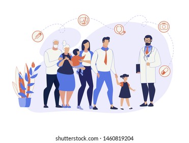 Advertising Banner Family Medicine Cartoon Flat. Large Family Came for Routine Checkup to Family Doctor. Elderly Parents with Adult Children and Grandchildren Talk to Doctor. Vector Illustration.