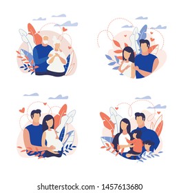 Advertising Banner Family Planning Cartoon Flat. Flyer Elderly Family Couple among Flowers. Husband Embraces Pregnant Wife. Poster Husband and Wife Walk with Children in Park. Vector Illustration.