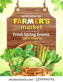 Advertising banner for farmers market with fresh spring greens and signboard. Vector illustration.