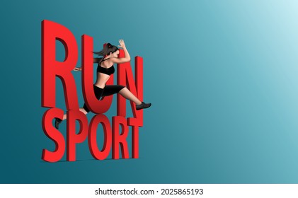 Advertising banner female athlete running and jumps over the letter Red "RUN SPORT". Concept the best lifestyle and health care with fitness daily workouts for 3d realistic vector illustration