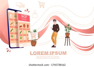 Advertising banner flyer design with man and online fresh vegetables shop modern shop app on smartphone flat vector illustration on white background