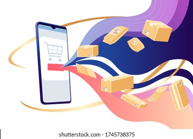 Advertising banner flyer design with online shop app on smartphone and delivery flying cardboard parcels flat vector illustration on white background