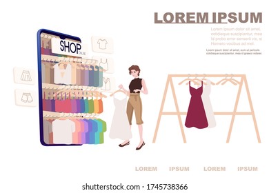 Advertising banner flyer design woman chooses clothes to buy online clothes shop modern shop app on smartphone flat vector illustration on white background