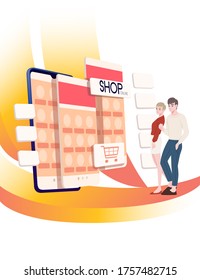 Werbebanner-Flyer-Design mit jungen Paaren und moderne Shop-App auf Smartphone-FlavVektorgrafik auf weißem Hintergrund