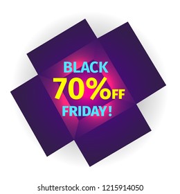 Advertising banner in the form of an open purple box, glowing from the inside with the inscription Black Friday 70 percent off. Eps 10 vector.