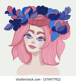 Advertising  banner. Freehand drawing portrait illustration. Pink haired girl model with big blue eyes. Fashionable makeup and hairstyle. Flowers in hair on head  wreath  flowers. Vector illustration 