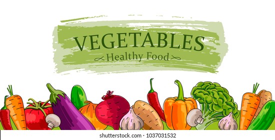 Advertising banner with fresh Vegetables, healthy food illustration, outlined hand drawn graphic