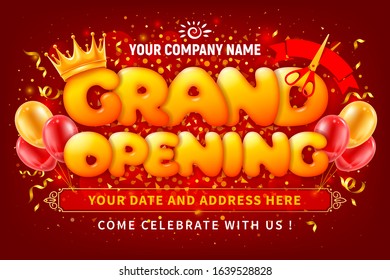 Advertising banner of Grand Opening and ribbon cutting ceremony. Unusual design with volumetric letters, golden crown, red ribbon and scissors. Balloons and tinsel create a festive atmosphere. Vector.
