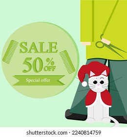 Advertising banner of the grooming salon. Doodle poster with a picture of a man with scissors in his hands and a cat in a Santa Claus hat and cape and sticker with inscription sale.