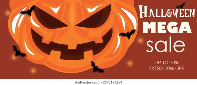 Advertising banner for Halloween sale with Jack-o-lantern and ba