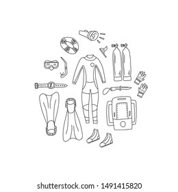 Advertising banner hand drawn scuba gear cartoon. Simple hand drawn elements. Quick sketch diving equipment. Under water. Protective equipment. Special facilitie to relax. Vector illustration.