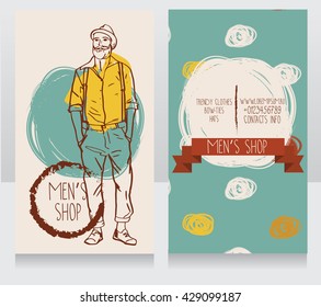 advertising banner for hipster's shop, hand drawn sketch design, can be used as business cards for trendy man's shop, vector illustration