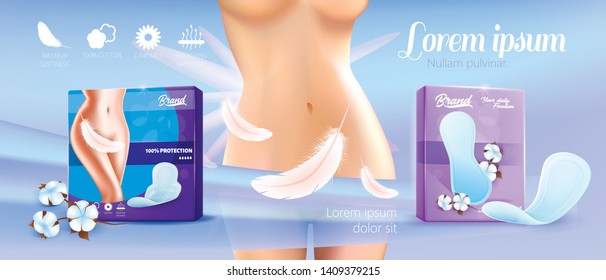 Advertising Banner for Hygienic Feminine Fixable Pads and without Wings, for Everyday and Monthly Use. Realistic 3d Vector Female Body Silhouette between Two Hygiene Products Packs Illustration