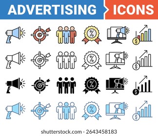 Conjunto de iconos de Anuncio publicitario con múltiples estilos. 