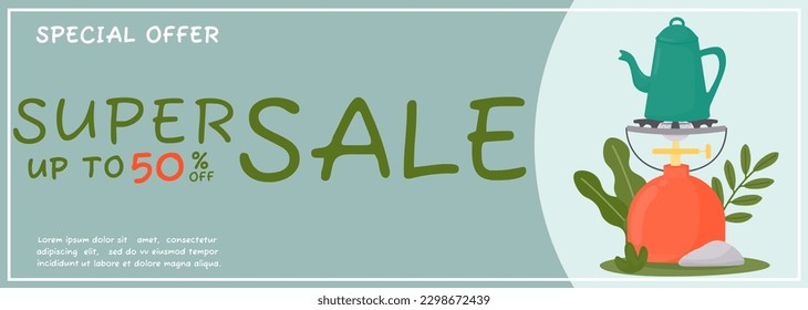 An advertising banner with an image of a camping site. Summer camping, travel, trip, hiking, tourist, nature, travel, picnic concept. Vector illustration for a poster, banner, leaflet, cover.