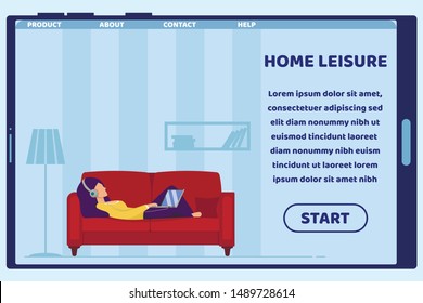 Advertising Banner Inscription Home Leisure Slide. Emotional Rest at Home Lying on Couch. Girl Lying on Couch with Laptop and Listening to Music Through Headphones. Vector Illustration.