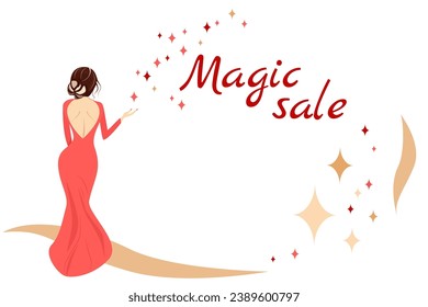 Advertising banner with the inscription magic sale. Vector drawing of a girl in a red tight-fitting dress with an open back