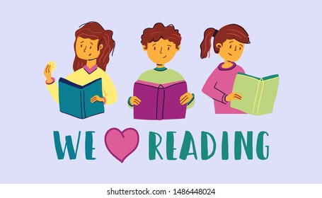 Advertising banner inscription we love reading. bright colorful. joyful boy and girls read interesting books. Book fair for curious children. informative useful rest. vector illustration.