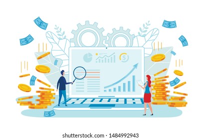 Advertising Banner Job Marketers Cartoon Flat. Poster Target Audience in Social Networks. Guy Looks Through Magnifier on Laptop Screen, Girl is Standing Nearby. Vector Illustration.