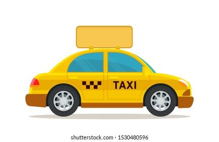 Advertising Banner, Led Display On Taxi Roof Top. Advertising Blank Banner On Taxicab. Vector Illustration, Flat Design Cartoon Style. Isolated On White Background. Side View.