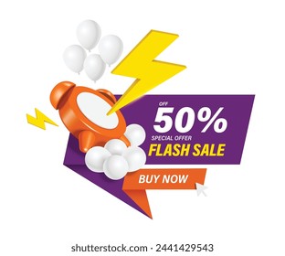 Banner publicitario, trueno relámpago golpea un reloj despertador naranja sobre un globo blanco completo con plantilla de texto de promoción de venta flash, 50% de descuento, ilustración vectorial 3d para diseño de banner