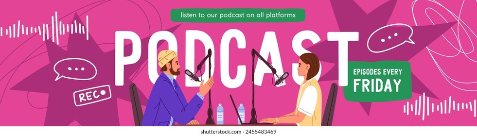 Advertising banner of live radio broadcast. People recording with microphones audio or video podcast of talk show. Design of template of header for livestream with guest. Flat vector illustration