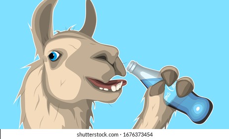 Advertising banner with a llama drinking a beverage.