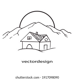 Advertising banner logo house on background mountains. Vector black white hand-drawn illustration. Cute house sunset in rocks isolated on white background.