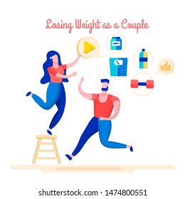 Advertising Banner Losing Weight as Couple Flat. Creating and Strengthening Quality Relationships with Audience. Guy and Girl in an Environment Sports Nutrition. Vector Illustration.