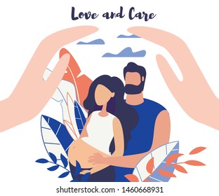 Advertising Banner Love and Car Lettering Flat. Poster Man Stand Behind Woman and Put her Hands on her Stomach. Flyer Girl is Pregnant on Long Term. Closeup Female Hands. Vector Illustration.