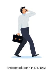 Advertising Banner Manager is in Hurry to Work. Poster Guy in White Shirt Goes and Talks on Phone. Flyer Man with Briefcase Goes and Laughs. Vector Illustration on White Background.