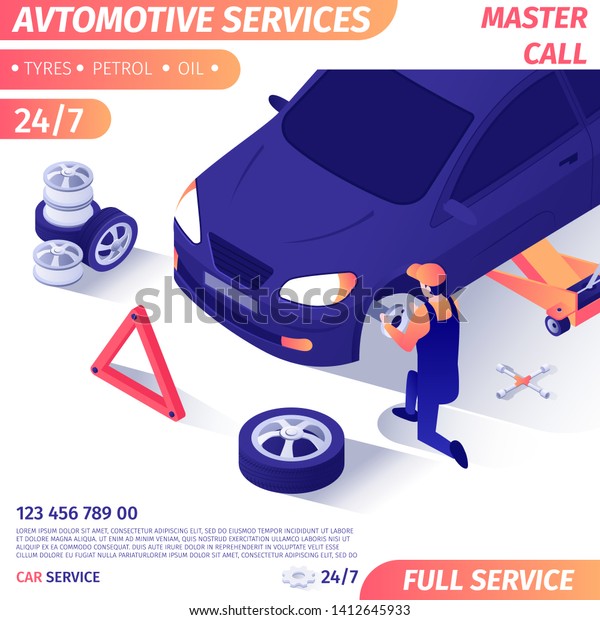 Advertising Banner for Master Call for Wheel\
Replacement. Professional Mechanic Removing Disk with Tire for\
Repair Car on Adjustable Jack. Vector Isometric 3d Illustration\
Design for Promotion\
Poster