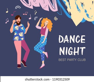 Advertising banner night party. Dancing young people at a party, men and women moving to the music. Joyful emotions. Vector illustration