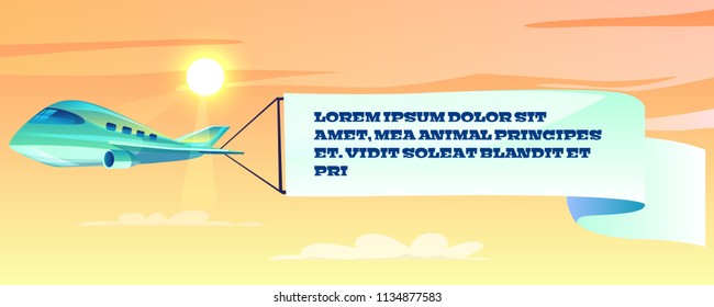 Advertising banner on airplane vector illustration. Cartoon template of flying wavy flag with aircraft on sky background for announcement message text