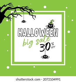 Advertising banner on a green background with a 30% discount on Halloween, with cute spiders in a hat 