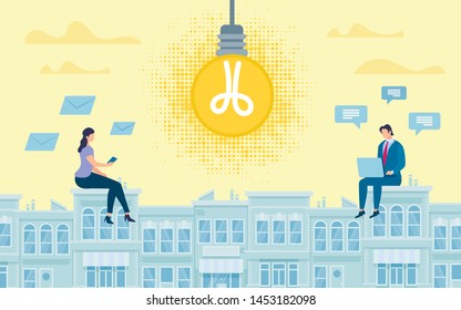 Advertising Banner Online Collaborative Idea. Poster Conceptual Idea Sharing Ideas Online. Man And Woman are Sitting on Ro House Next to Large Glowing Light Bulb. Vector Illustration.