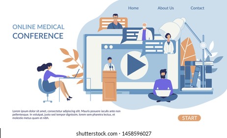 Advertising Banner Online Medical Conference. Poster Medical Professionals Attend an Online Conference. Application to Access Recording Seminar or Conference Flat. Vector Illustration.