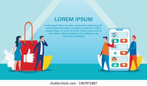 Advertising Banner and Online Shop Crosslining in Social Network. Man and Woman Standing by Huge Purchase Bag with Thumbs up Gesture. Two Men near Phone Point to other Vender. Vector Illustration