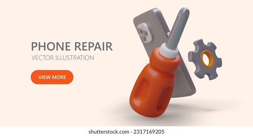 Advertising banner of phone repair service. 3D screwdriver, smartphone, gear with shadows. Firmware. Time to fix gadget. Poster with place for text, logo, promotional offer