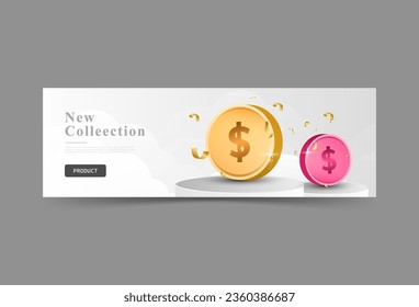 advertising banner with podium and 2 3d dollars. gold and pink gradation. flying ribbon cutout. abstract eps 10