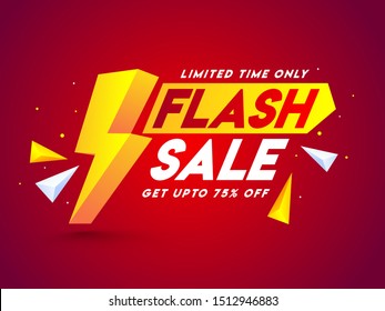 Advertising banner or poster design with 3d lighting bolt and 75% discount offer on red background for Flash Sale.