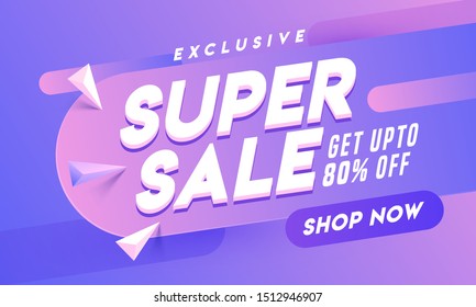 Advertising banner or poster design with 3d geometric elements and 80% discount offer for Super Sale.